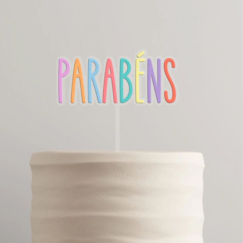 Topo bolo Parabéns acrilico cristal e pastel