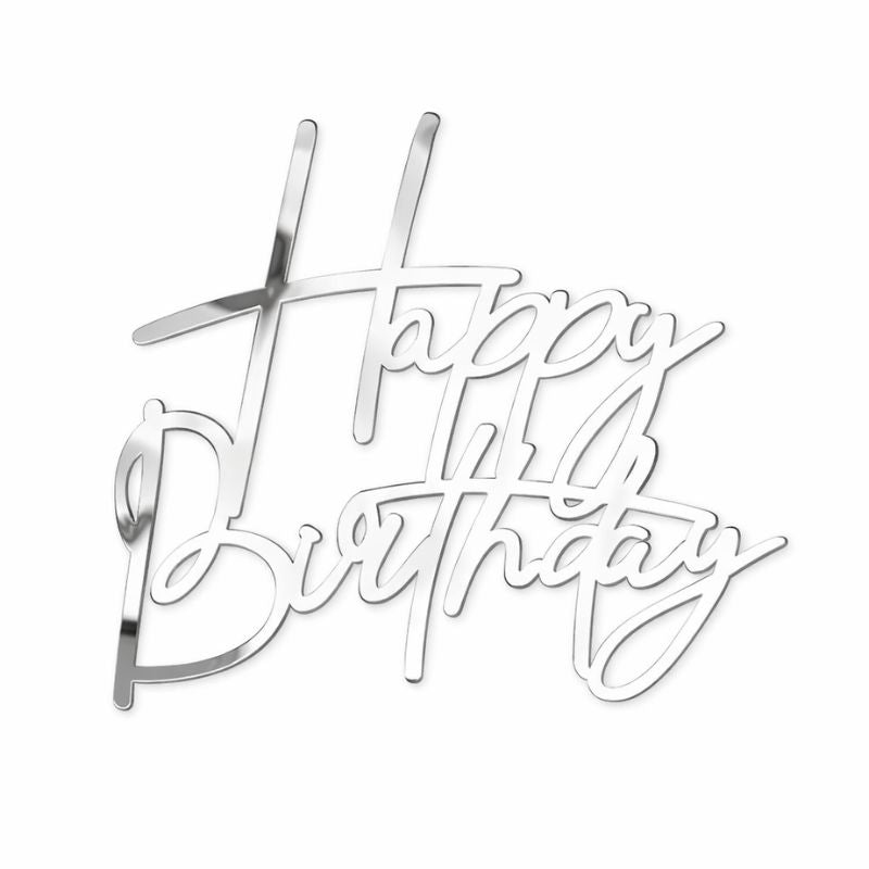 Frente bolo happy birthday prateado