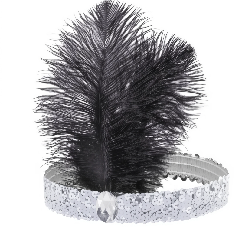 Tiara Lantejoulas Prateadas e Pena Preta