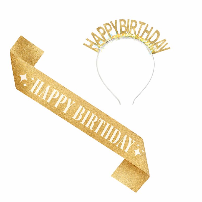 Faixa e Tiara Happy Birthday Dourado